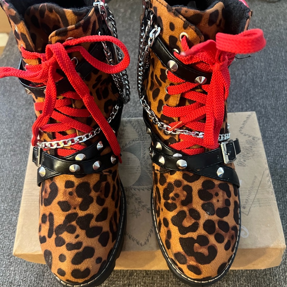 Leopard Print Ankle Booties with Red Laces and Studded Straps